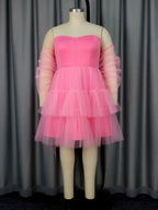 Pink Removable Back Bow Tube Tops Mesh A Line Dress