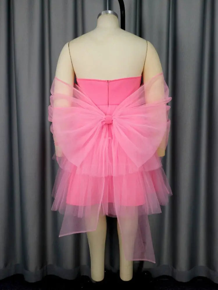 Pink Removable Back Bow Tube Tops Mesh A Line Dress