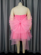 Pink Removable Back Bow Tube Tops Mesh A Line Dress
