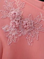 Pink Sweeet Dresses V Neck Puff Sleeves Appliques Ruffles