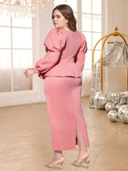 Pink Sweeet Dresses V Neck Puff Sleeves Appliques Ruffles