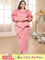 Pink Sweeet Dresses V Neck Puff Sleeves Appliques Ruffles