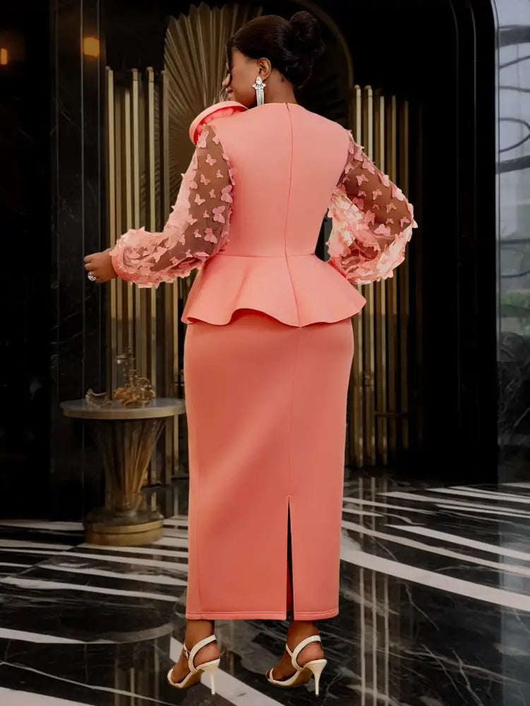 Pink Sweet Dress Mesh Patchwork Butterfly Lantern Sleeve Plus Size Wedding Guest Dresses