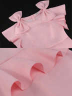 Pink Sweet Dress O Neck Bows Beading Short Sleeves Ruffles