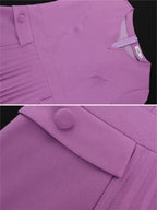 Pleated A-Line Midi Dress V Neck 3/4 Sleeves High Waist