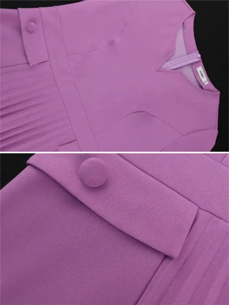 Pleated A-Line Midi Dress V Neck 3/4 Sleeves High Waist
