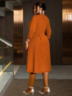 Pleated A-Line Midi Dress V Neck 3/4 Sleeves High Waist