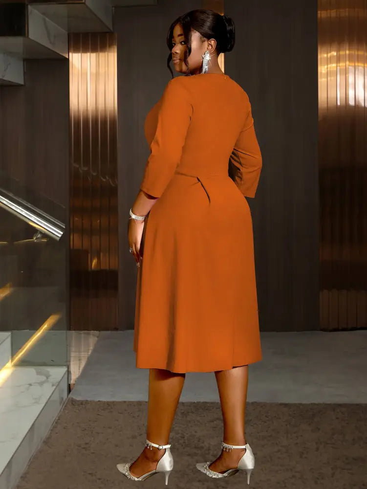 Pleated A-Line Midi Dress V Neck 3/4 Sleeves High Waist