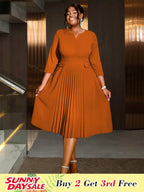 Pleated A-Line Midi Dress V Neck 3/4 Sleeves High Waist