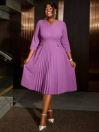 Pleated A-Line Midi Dress V Neck 3/4 Sleeves High Waist