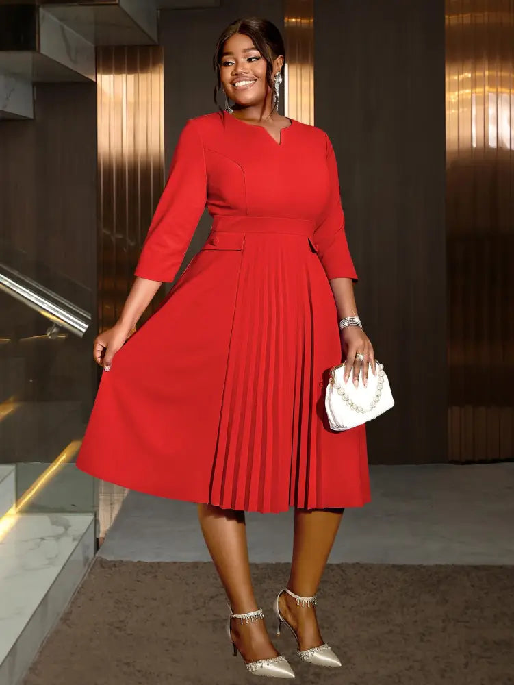 Pleated A-Line Midi Dress V Neck 3/4 Sleeves High Waist