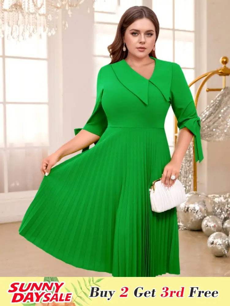 Pleated Dress Asymmetrical Collar Half Sleeve with Bows