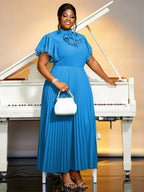 Pleated Dress Half High Collar Bowtie Butterfly Sleeves