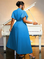 Pleated Dress Half High Collar Bowtie Butterfly Sleeves