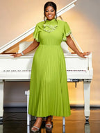 Pleated Dress Half High Collar Bowtie Butterfly Sleeves