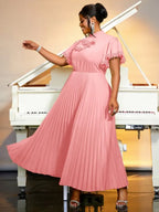 Pleated Dress Half High Collar Bowtie Butterfly Sleeves