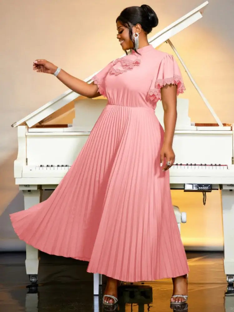 Pleated Dress Half High Collar Bowtie Butterfly Sleeves