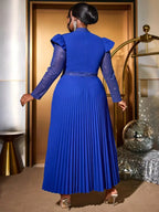 Pleated Dress Mock Neck Sheer Long Sleeve Draped A Line