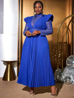 Pleated Dress Mock Neck Sheer Long Sleeve Draped A Line