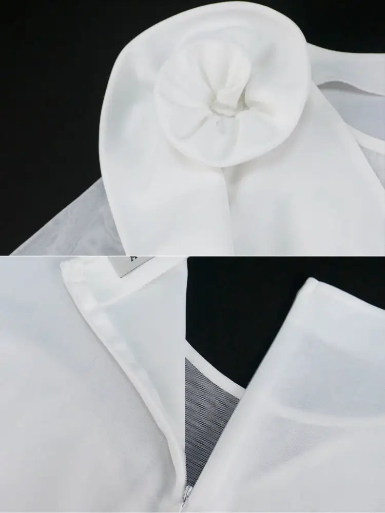 Pleated Dress O Neck Ruffles Flower Tulle Sleeve Patchwork