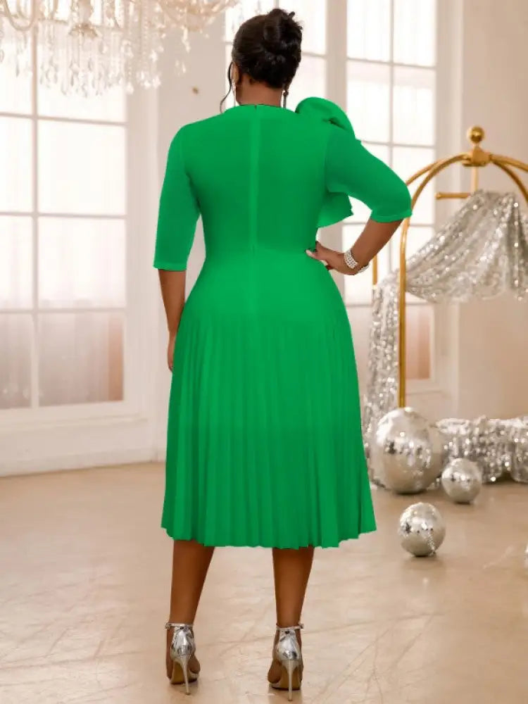 Pleated Dress O Neck Ruffles Flower Tulle Sleeve Patchwork