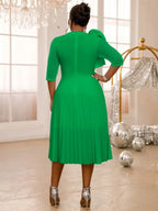 Pleated Dress O Neck Ruffles Flower Tulle Sleeve Patchwork