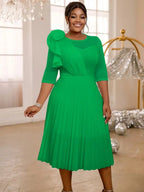 Pleated Dress O Neck Ruffles Flower Tulle Sleeve Patchwork