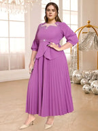 Pleated Dress Patchwork Beading Lantern Sleeves Peplum