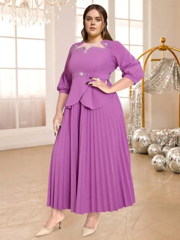 Pleated Dress Patchwork Beading Lantern Sleeves Peplum