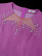 Pleated Dress Patchwork Beading Lantern Sleeves Peplum