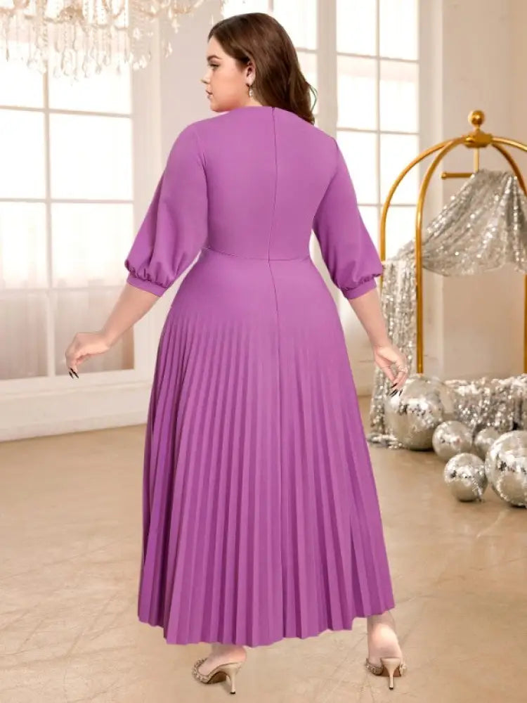 Pleated Dress Patchwork Beading Lantern Sleeves Peplum