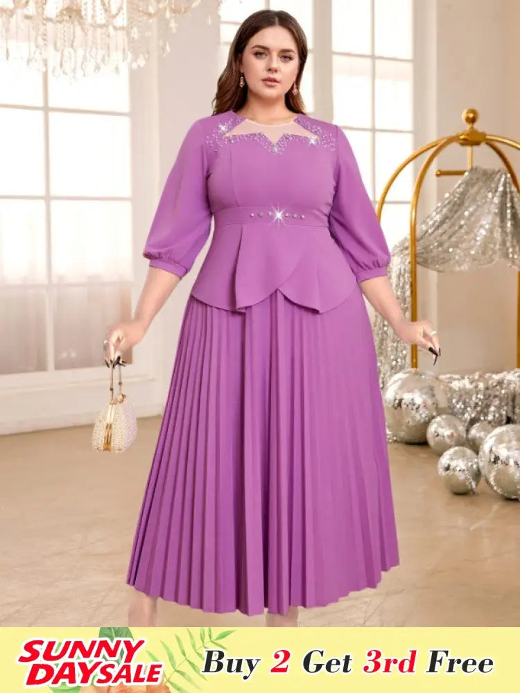 Pleated Dress Patchwork Beading Lantern Sleeves Peplum