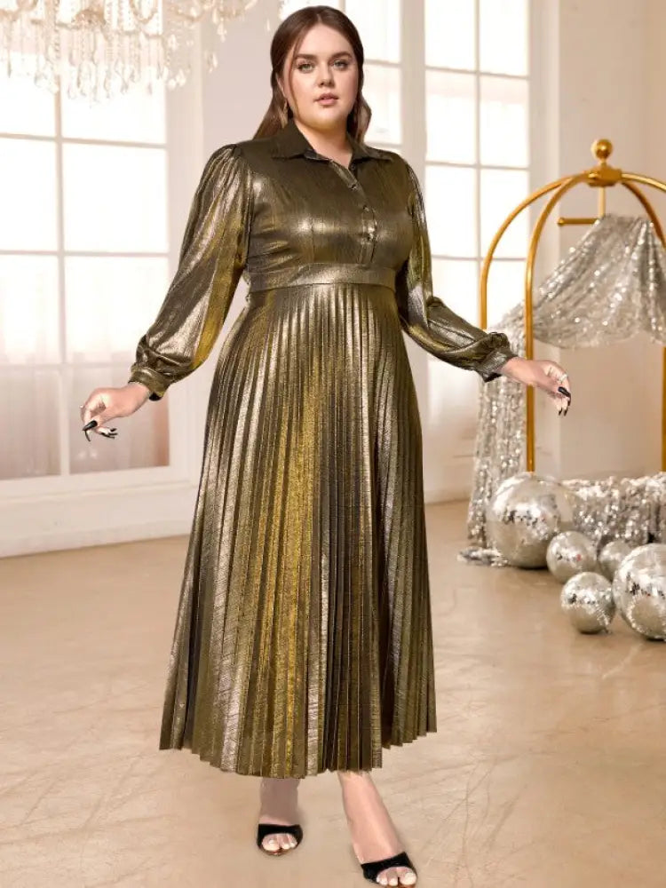 Pleated Dress Turn Down Collar Lantern Sleeves Button Up