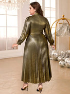 Pleated Dress Turn Down Collar Lantern Sleeves Button Up