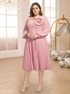 DRESS  Pleated Dress V Neck 3D Flower Long Lantern Sleeve A Line
