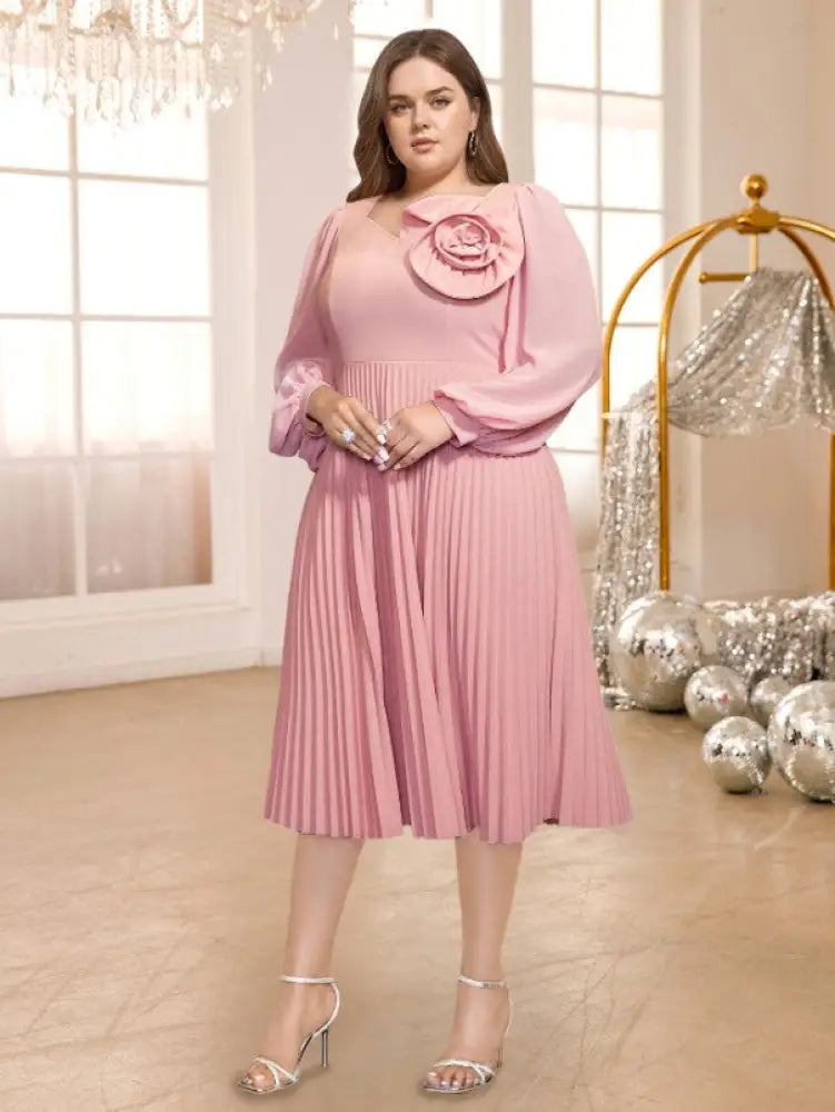 DRESS  Pleated Dress V Neck 3D Flower Long Lantern Sleeve A Line