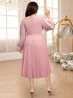 DRESS  Pleated Dress V Neck 3D Flower Long Lantern Sleeve A Line