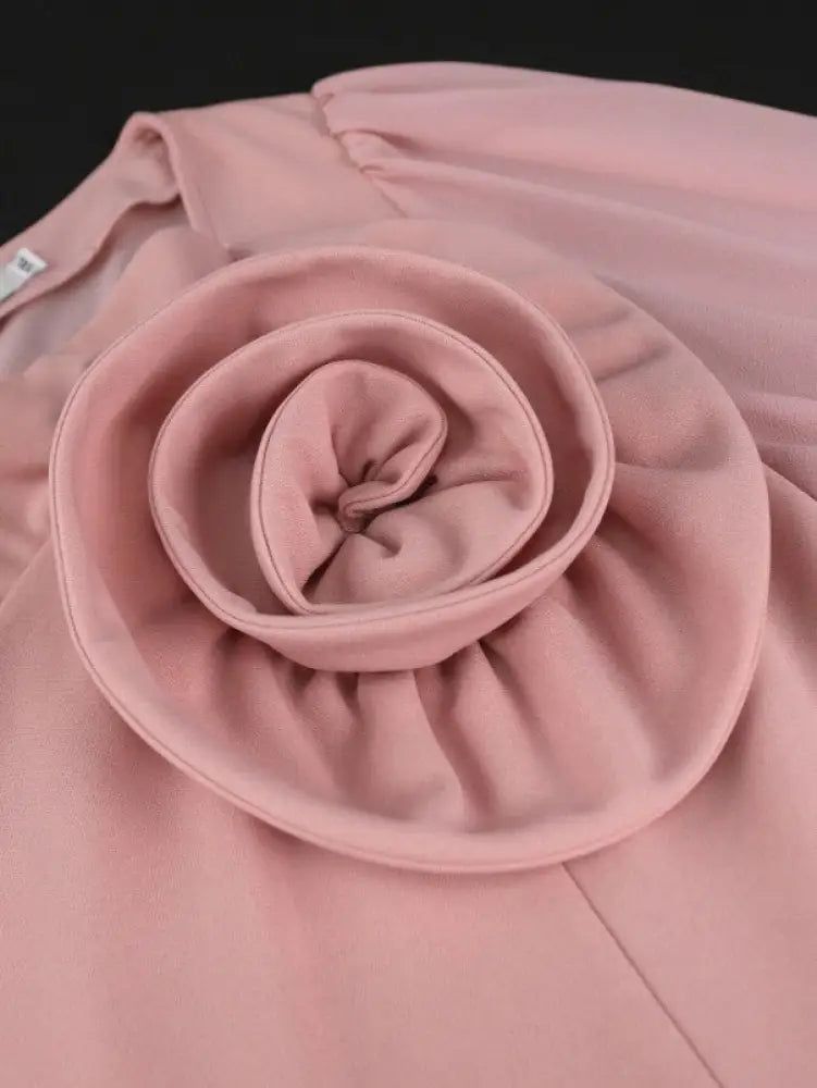 DRESS  Pleated Dress V Neck 3D Flower Long Lantern Sleeve A Line