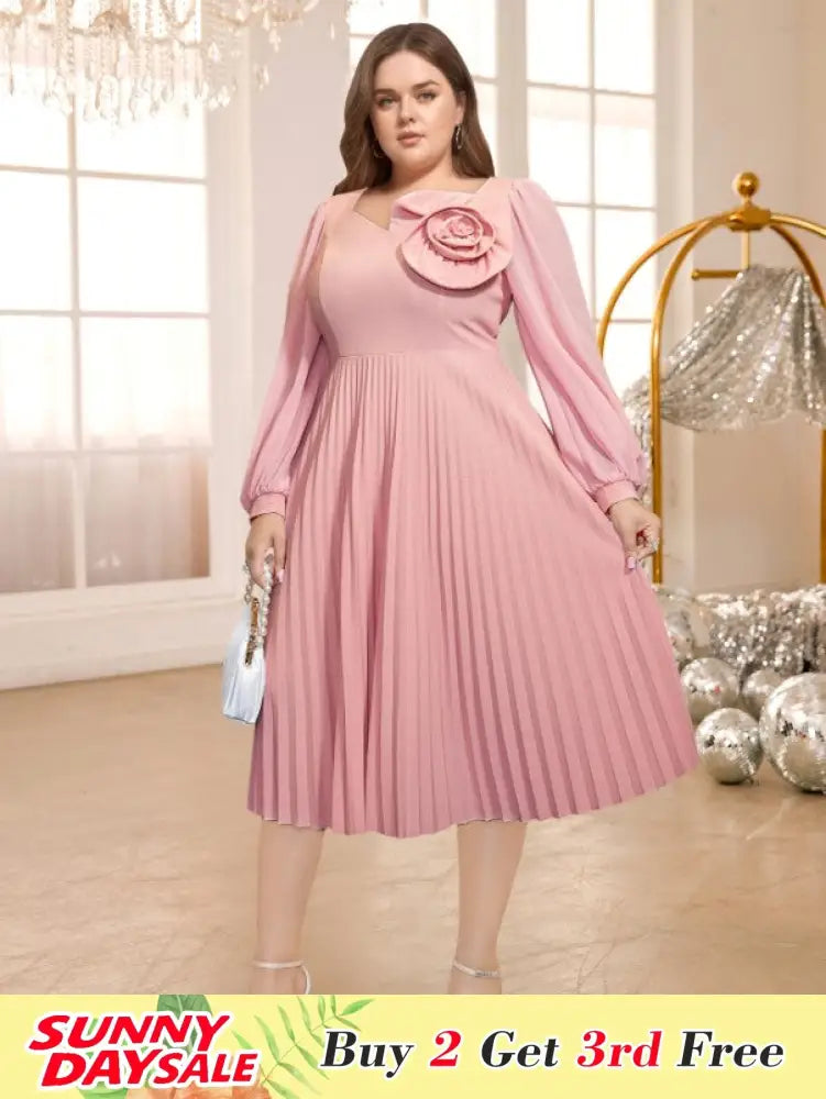 DRESS  Pleated Dress V Neck 3D Flower Long Lantern Sleeve A Line