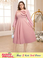 DRESS  Pleated Dress V Neck 3D Flower Long Lantern Sleeve A Line