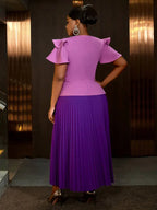 Pleated Dress Wedding Guest Colorblock Ruffle Sleeve
