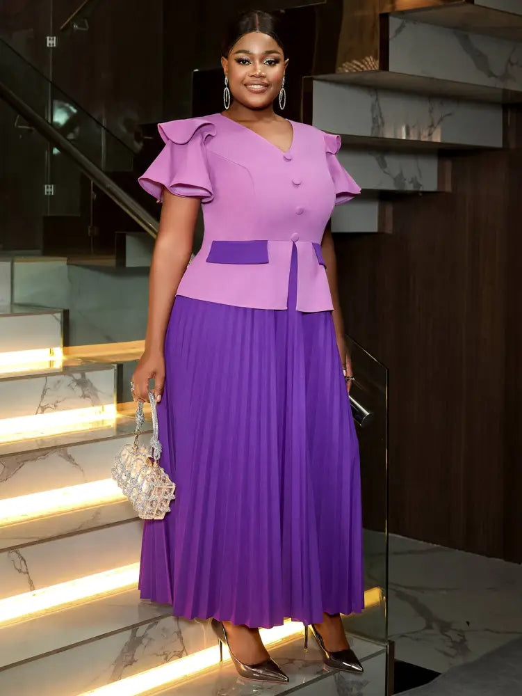 Pleated Dress Wedding Guest Colorblock Ruffle Sleeve