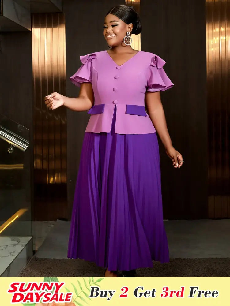 Pleated Dress Wedding Guest Colorblock Ruffle Sleeve