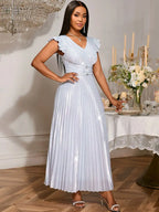 Pleated Formal Dress for Women Occasional V Neck Slim Fit