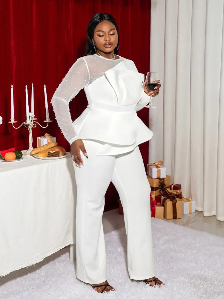 Plus Size Bead Patchwork Party Jumpsuit Long Wide Leg Rompers