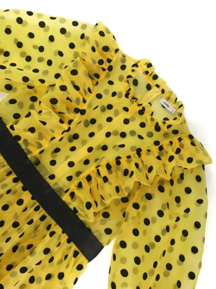 Polka Dot Mesh See Through Dresses Ruffles Puff Sleeves