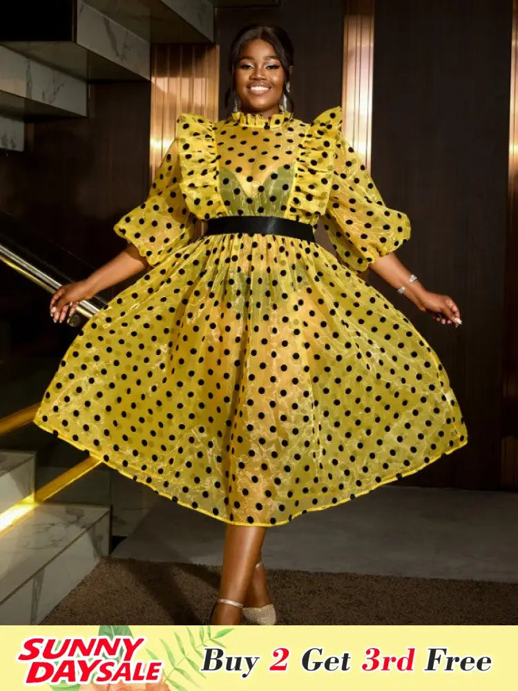 Polka Dot Mesh See Through Dresses Ruffles Puff Sleeves