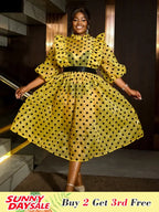 Polka Dot Mesh See Through Dresses Ruffles Puff Sleeves