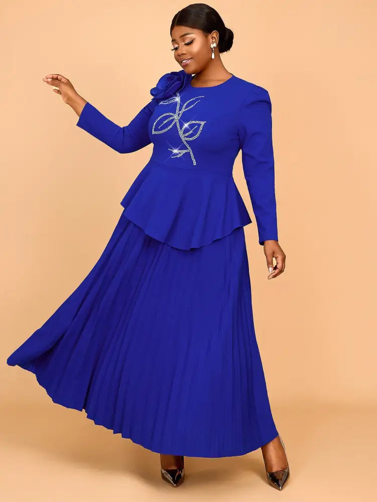 Pretty Church Dresses Blue Pleated Flower Dress