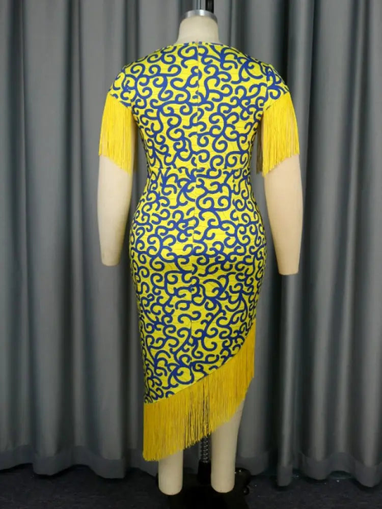 Printed V Neck Tassel Sleeve Asymmetrical Bodycon Dress